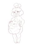  animal_crossing anthro belly big_belly big_breasts blush blush_stickers body_outline boob_hat breasts canid canine canis cownugget domestic_dog face_imprint female female_pred hand_imprint imprint isabelle_(animal_crossing) mammal monochrome nintendo open_mouth tongue video_games vore 