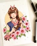  1girl adapted_costume artist_name braid brown_eyes brown_hair clivenzu closed_mouth commentary d.va_(overwatch) english_commentary eyebrows_visible_through_hair fingernails flower graphite_(medium) hair_ornament hair_over_shoulder hands_up highres japanese_clothes kimono looking_at_viewer mechanical_pencil mixed_media overwatch pencil photo pink_flower pink_nails solo traditional_media twitter_username whisker_markings 