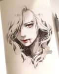  1girl artist_name clivenzu closed_mouth commentary english_commentary graphite_(medium) hair_over_one_eye highres long_hair looking_at_viewer mechanical_pencil mixed_media mole_above_eye one_eye_covered original pencil photo portrait red_eyes red_lips solo spot_color traditional_media twitter_username 