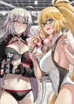  2girls :d ahoge asakura_kukuri bangs bikini black-framed_eyewear black_bikini black_choker black_gloves black_jacket blue_eyes breasts choker competition_swimsuit convention cropped_jacket fate/grand_order fate_(series) glasses gloves hair_between_eyes highres indoors jacket jeanne_d&#039;arc_(alter)_(fate) jeanne_d&#039;arc_(alter_swimsuit_berserker) jeanne_d&#039;arc_(fate)_(all) jeanne_d&#039;arc_(swimsuit_archer) large_breasts long_hair manga_(object) meta multiple_girls navel o-ring o-ring_bikini o-ring_bottom o-ring_top one-piece_swimsuit open_mouth ponytail pornography sideboob silver_hair smile standing swimsuit thighs very_long_hair white_swimsuit yellow_eyes 