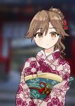  1girl absurdres alternate_costume alternate_hairstyle arashio_(kantai_collection) blurry brown_eyes brown_hair depth_of_field floral_print highres japanese_clothes kantai_collection kimono kosame_(iso) long_hair looking_at_viewer pink_kimono ponytail smile solo upper_body yukata 