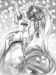  1girl braid covered_mouth floral_background flower from_side greyscale hair_flower hair_ornament highres hololive japanese_clothes kimono long_hair long_sleeves monochrome nakiri_ayame nanashi_(nlo74593630) oni_horns ponytail profile solo upper_body wide_sleeves 