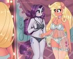  5:4 absurd_res anthro anthrofied applejack_(mlp) babydoll big_breasts blush bra breast_size_difference breasts chest_tuft choker cleavage clothed clothing duo equid female freckles friendship_is_magic hi_res horn jewelry lingerie mammal mirror my_little_pony necklace nightgown rarity_(mlp) translucent translucent_clothing tuft underwear unicorn xjenn9 
