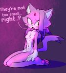  anthro baebot blaze_the_cat blush breasts cute_fangs dipstick_tail domestic_cat english_text felid feline felis female fur gloves_(marking) hi_res kneeling mammal markings multicolored_tail nipples nude open_mouth pawpads purple_body purple_fur small_breasts solo sonic_the_hedgehog_(series) text tongue white_body white_fur 
