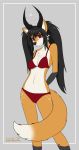  antelope anthro bikini black_hair bovid breasts canid canine clothing female fox furfe hair hi_res horn humanoid jewelry long_hair looking_at_viewer mammal pinup ponytail portrait pose red_eyes smile solo swimwear twintails_(hairstyle) under_boob 