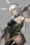  1girl absurdres animal_ears arknights arm_strap belt black_capelet black_dress black_gloves black_legwear breasts bunny_ears burnt_clothes capelet chinese_commentary cowboy_shot dress eyelashes gloves grey_background hair_between_eyes highres lips long_hair looking_at_viewer medium_breasts open_mouth over_shoulder pantyhose savage_(arknights) short_twintails sideboob signature silver_eyes silver_hair simple_background sledgehammer sleeveless solo spade-m taut_clothes thighhighs turtleneck twintails weapon weapon_over_shoulder 