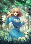  1girl absurdres animal breasts brown_hair company_connection crossover dress earrings highres jewelry kaze_no_tani_no_nausicaa kodama lem_tea medium_breasts mononoke_hime nausicaa open_mouth short_hair smile teto tree 