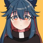  1girl animal_ears arknights bangs black_coat black_collar blue_eyes blue_hair blush coat collar collared_jacket english_commentary expressionless eyebrows_visible_through_hair hair_between_eyes long_hair looking_at_viewer multicolored multicolored_eyes multicolored_hair nyawurin orange_background orange_eyes portrait red_hair sidelocks simple_background solo texas_(arknights) two-tone_hair wolf_ears 