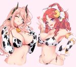 2girls animal_ears animal_print aqua_eyes bangs bare_shoulders bell bell_collar bikini blush bow breasts cleavage closed_mouth collar collarbone cow_bell cow_ears cow_print demon_horns ear_tag elbow_gloves gloves hair_bow high_ponytail highres horns large_breasts licking_lips long_hair looking_at_viewer minami_suzuna multiple_girls navel one_eye_closed one_side_up open_mouth parted_bangs pink_hair princess_connect! princess_connect!_re:dive purple_eyes red_hair seiren_(kkh2052) sidelocks smile strap_pull swimsuit tongue tongue_out toudou_akino white_gloves 