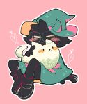  &gt;_&lt; &lt;3 2019 ambiguous_gender anthro black_body black_fur blush bovid canid canine canis caprine clothing deltarune domestic_dog duo eyes_closed feral footwear fur green_clothing green_hat green_headwear hat headgear headwear hi_res hyeing02 mammal on_lap pink_background ralsei shoes simple_background sitting video_games white_body white_fur white_outline 