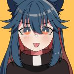  1girl :p animal_ears arknights bangs black_coat black_collar blue_eyes blue_hair blush coat collar collared_jacket english_commentary eyebrows_visible_through_hair hair_between_eyes long_hair looking_at_viewer multicolored multicolored_eyes multicolored_hair nyawurin orange_background orange_eyes portrait red_hair sidelocks simple_background solo texas_(arknights) tongue tongue_out two-tone_hair v-shaped_eyebrows wolf_ears 