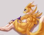  absurd_res anthro blue_eyes breasts butt cooliehigh digimon digimon_(species) female fur hi_res looking_back nipples nude renamon solo yellow_body yellow_fur 
