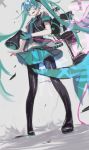  absurdres aircraft airplane aqua_eyes aqua_gloves aqua_hair aqua_neckwear aqua_skirt armband belt black_legwear black_shirt boots dutch_angle from_below gloves hair_ornament hatsune_miku heremia highres holding_megaphone koi_wa_sensou_(vocaloid) long_hair looking_at_viewer megaphone midriff_peek navel necktie open_mouth pantyhose shirt short_sleeves skirt thigh_boots thighhighs tower twintails very_long_hair vocaloid 