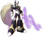  1boy armor beam_saber black_armor energy_weapon forehead_jewel gem grey_hair helmet highres holding holding_sword holding_weapon official_art rockman_x_dive shoulder_armor sword symbol weapon zero_(rockman) 