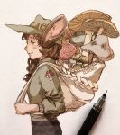  1girl animal_ears artist_name backpack bag black_pants blush brown_eyes brown_hair clivenzu commentary english_commentary from_side graphite_(medium) green_headwear green_jacket hat highres jacket long_hair long_sleeves mechanical_pencil mixed_media mouse_ears mouse_girl mushroom original pants pencil photo smile solo standing traditional_media twitter_username whisker_markings 