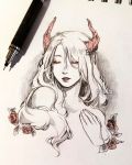  1girl artist_name clivenzu closed_eyes commentary demon_horns english_commentary eyeshadow facing_viewer fingernails flower graphite_(medium) hair_between_eyes hand_up highres horns long_hair makeup mechanical_pencil mixed_media monochrome nude original parted_lips pencil photo red_flower red_rose red_theme rose solo traditional_media twitter_username 