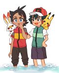  2boys absurdres baseball_cap black_pants blue_eyes brown_eyes dark_skin dark_skinned_male gen_1_pokemon gen_8_pokemon gou_(pokemon) hair_ornament hairclip hand_on_another&#039;s_shoulder hand_on_own_chin hat highres multiple_boys nico_o0 open_mouth pants partially_submerged pikachu pokemon pokemon_(anime) pokemon_(creature) pokemon_swsh_(anime) satoshi_(pokemon) scorbunny spiked_hair water white_background 