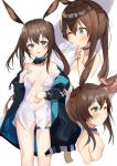  1girl amiya_(arknights) animal_ears arknights black_jacket blue_eyes breasts brown_hair bunny_ears choker highres jacket jewelry long_hair looking_at_viewer medium_breasts multiple_rings multiple_views no_bra no_pants off_shoulder one_eye_closed open_clothes open_jacket open_mouth open_shirt ponytail ring shirt smile thigh_strap thighs togo_(korlsj1235) white_background white_shirt 