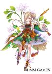  1girl ahoge bare_legs braid brown_hair closed_mouth company_name dress flower flower_knight_girl frills full_body green_dress green_sleeves hair_bun holding holding_spear holding_weapon leaf long_hair looking_at_viewer mataichi_mataro object_namesake official_art pakuchi_(flower_knight_girl) polearm shoes simple_background smile solo spear standing weapon white_background yellow_eyes 
