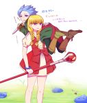  1boy 1girl beifunan black_legwear blonde_hair blue_eyes blue_hair boots braid brown_footwear camus_(dq11) carrying_over_shoulder commentary_request crying crying_with_eyes_open dragon_quest dragon_quest_xi dress green_shirt hair_over_shoulder highres holding holding_knife holding_staff knife leggings long_hair puffy_short_sleeves puffy_sleeves purple_eyes red_dress shirt shirt_under_dress short_dress short_sleeves slime_(dragon_quest) staff tears translation_request twin_braids veronica_(dq11) white_background white_shirt 