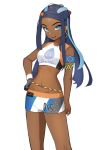  1girl armlet bare_shoulders belly_chain blue_eyes blue_eyeshadow blue_hair breasts collarbone dark_skin earrings eyeliner eyeshadow flasso forehead gloves gym_leader hand_on_hip highres hoop_earrings jewelry long_hair looking_at_viewer makeup multicolored_hair navel open_mouth pokemon pokemon_(game) pokemon_swsh rurina_(pokemon) sidelocks simple_background single_glove small_breasts smile solo sportswear swimsuit tankini thighs two-tone_hair 