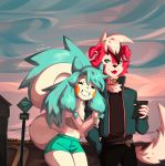  anthro blue_eyes blue_hair blue_tail bottomwear clothed clothing collar couple_love duo ear_piercing fan_character female fur hair hi_res jacket jeans love lycanroc male male/female nintendo pachadraws pachastuff pachirisu pants phone piercing pok&eacute;mon pok&eacute;mon_(species) red_body red_fur shirt shorts signature smile t-shirt topwear video_games white_body white_fur 