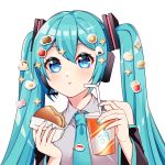  1girl 39 absurdres apple aqua_eyes aqua_hair aqua_nails aqua_neckwear bare_shoulders black_sleeves boned_meat bread candy cup detached_sleeves disposable_cup doughnut drinking_straw eating egg food french_fries fruit grey_shirt hair_ornament hamburger hatsune_miku headphones headset highres holding holding_cup holding_food long_hair looking_at_viewer masumofu meat melon_bread nail_polish necktie onigiri pudding shirt sleeveless sleeveless_shirt solo star sticker sushi tie_clip twintails upper_body very_long_hair vocaloid white_background 