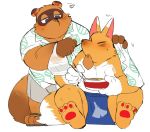  animal_crossing anthro apron bag blush bowl canid canine chopsticks clothed clothing crazy_redd eating fluffy fluffy_tail food footwear fox hyaku_(artist) male mammal muscular muscular_male nintendo open_shirt pawpads raccoon_dog sandals shirt sitting tanuki tom_nook_(animal_crossing) topwear video_games 