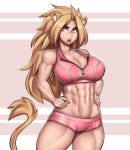  1girl abs absurdres animal_ears blonde_hair breasts brown_eyes cleavage collarbone hands_on_hips highres lion_ears lion_girl lion_tail long_hair looking_at_viewer messy_hair midriff muscle muscular_female navel open_mouth original rd_rn00 short_shorts shorts simple_background solo sports_bra tagme tail thick_thighs thighs 