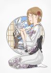  hagiwara_yukiho highres idolmaster japanese_clothes kimono ooe_yamaken porthole seiza shouji sitting sliding_doors 