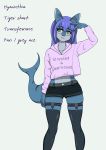  absurd_res anthro bottomwear clothed clothing colored_nails digital_media_(artwork) dutchsyndicalist english_text eyewear female fingers fish garter_straps glasses green_eyes hair hi_res legwear marine nails navel open_mouth purple_hair red_glasses requiem_shark shark shorts simple_background solo standing sweater text thigh_highs tiger_shark topwear 