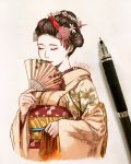  1girl artist_name blush brown_hair brown_kimono clivenzu closed_eyes closed_mouth commentary daisy english_commentary eyeshadow fan flower folding_fan geisha graphite_(medium) hair_flower hair_ornament hairpin hand_up highres holding holding_fan japanese_clothes kimono lipstick maiko_katsuna makeup mechanical_pencil mixed_media obi original pencil photo pink_flower real_life red_lips red_lipstick red_sash sash smile solo traditional_media twitter_username upper_body white_flower yellow_sash 