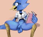  2020 anthro avian balls beak berdly big-fig bird blue_balls blue_body blue_feathers blue_penis bodily_fluids book bottomless circumcised clothed clothing deltarune digital_media_(artwork) english_text eyebrows eyewear feathers flaccid genitals glasses hi_res holding_book holding_object looking_away male nervous open_beak open_mouth penis presenting presenting_balls presenting_penis raised_clothing raised_shirt sex_education shirt simple_background sitting solo spread_legs spreading sweat sweatdrop tan_background text topwear video_games wings yellow_beak 