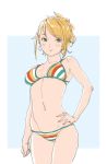  1girl blonde_hair blush breasts closed_mouth earrings green_eyes highres hoshii_miki idolmaster jewelry looking_at_viewer navel ooe_yamaken short_hair smile solo swimsuit 