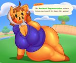  acstlu aged_up animal_crossing anthro beady_eyes big_breasts bodily_fluids bottomless breasts clothed clothing cloud daisy_mae_(animal_crossing) dialogue english_text female grass hi_res looking_at_viewer mammal nintendo outside sky snot snout solo suid suina sus_(pig) talking_to_viewer text thick_thighs tree video_games wild_boar 