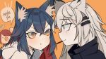  3girls :d :o animal_ear_fluff animal_ears arknights arm_up bangs black_jacket blue_hair blush catchphrase chibi clenched_hand collar collared_jacket earrings english_commentary english_text exusiai_(arknights) eye_contact eyebrows_visible_through_hair food food_in_mouth from_side fur_collar fur_trim grey_eyes hair_between_eyes hair_ornament hair_over_one_eye hairclip halo hood hood_down hooded_jacket jacket jewelry lappland_(arknights) long_hair looking_at_another multicolored_hair multiple_girls nyawurin open_mouth orange_background orange_eyes pocky portrait pout red_hair scar scar_across_eye short_hair silver_hair smile speech_bubble texas_(arknights) two-tone_hair white_jacket wolf_ears yuri 