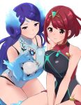  2girls aqua_swimsuit black_swimsuit breasts chest_jewel cleavage_cutout elbow_gloves fiery_hair gloves highres homura_(xenoblade_2) kagutsuchi_(xenoblade) large_breasts looking_at_viewer mokki multiple_girls purple_eyes purple_hair red_eyes red_hair short_hair simple_background smile swimsuit tiara white_background xenoblade_(series) xenoblade_2 