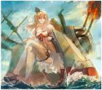  1girl absurdres blonde_hair blue_eyes blue_sky braid cannon cloud crown dated dress firing flower french_braid garter_straps highres kantai_collection long_hair long_sleeves machinery mini_crown muzzle_flash nagasawa_tougo off-shoulder_dress off_shoulder red_flower red_ribbon red_rose ribbon rose scepter sitting sky solo thighhighs throne twitter_username warspite_(kantai_collection) water white_dress white_legwear 