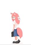  2019 anthro bottomwear canid canine clothed clothing female fluffy fluffy_tail footwear fur fur_(theterm) hair holding_object mammal open_mouth pink_body pink_fur pink_hair shoes simple_background skirt solo standing theterm white_background 