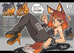  1girl animal_ears bangs black_legwear black_leotard blue_eyes ear_piercing earrings english_text extra_ears eyebrows_visible_through_hair fox_ears fox_shadow_puppet fox_tail high_heels jewelry leotard looking_at_viewer lying nail_polish nancou_(nankou) on_back orange_hair original pantyhose piercing playboy_bunny_leotard short_hair smile strapless strapless_leotard tail tattoo wrist_cuffs 