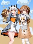  4girls animal_ears arknights bangs brown_coat brown_eyes brown_hair chinese_commentary cloud coat commentary_request crossover dress drone eeo.gopiy eurasian_eagle_owl_(kemono_friends) eyebrows_visible_through_hair glasses grey_coat head_wings highres kemono_friends multiple_girls northern_white-faced_owl_(kemono_friends) pantyhose pocket ptilopsis_(arknights) short_hair signature silence_(arknights) silver_hair sky trait_connection white_dress white_legwear 
