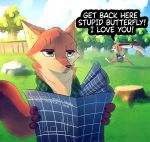  ! 2020 absurd_res animal_crossing anthro barefoot blueprint brown_body brown_fur butterfly_net canid canine cider_(ciderbunart) clothed clothing dialogue duo english_text female fox fully_clothed fur grass hi_res holding_object lagomorph leporid light lighting male mammal midriff nintendo outside pointedfox pointedfox_(character) rabbit rock running text tree tree_stump video_games whiskers 