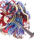 1boy abs alternate_costume armor armored_boots ashnard_(fire_emblem) aura beard belt blue_hair boots cape facial_hair fire_emblem fire_emblem:_path_of_radiance fire_emblem_heroes full_body fur_trim gloves glowing glowing_eyes highres izuka_daisuke official_art open_mouth red_eyes solo sword teeth torn_clothes transparent_background weapon 