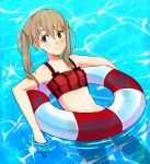  1girl artist_request blonde_hair blush closed_mouth green_eyes innertube long_hair looking_at_viewer maka_albarn navel smile solo soul_eater swimsuit twintails water 