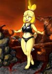  absurd_res androidz animal_crossing anthro breasts canid canine canis clothing domestic_dog doom_(series) female fur hi_res id_software isabelle_(animal_crossing) mammal nintendo shih_tzu solo teeth thick_thighs toy_dog video_games wide_hips yellow_body yellow_fur 