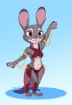  2020 anthro belly_dancer blue_background breasts clothed clothing disney female fur grey_body grey_fur hi_res judy_hopps lagomorph leporid mammal midriff navel purple_eyes rabbit simple_background skimpy smile solo tggeko white_body white_fur zootopia 