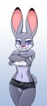  2020 absurd_res anthro bottomwear breasts clothed clothing clothing_lift dipstick_ears disney female fur gradient_background grey_body grey_fur grin hi_res hotpants judy_hopps lagomorph leporid looking_at_viewer mammal midriff multicolored_ears navel pink_nose purple_eyes rabbit shirt shirt_lift shorts simple_background smile solo topwear under_boob undressing xerowulf zootopia 