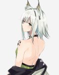  1girl animal_ear_fluff animal_ears arknights backless_dress backless_outfit bangs bare_back bare_shoulders black_choker blush breasts choker commentary dress english_commentary eyebrows_visible_through_hair from_behind green_dress green_eyes grey_background hair_intakes highres kal&#039;tsit_(arknights) looking_at_viewer looking_back ore_lesion_(arknights) pokarii_zuu short_hair silver_hair simple_background small_breasts solo upper_body 