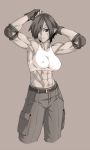  1girl abs belt belt_buckle buckle cargo_pants collarbone ebr-kii elbow_pads facial_tattoo gloves grey_background highres muscle muscular_female navel pants phantasy_star phantasy_star_online_2 pointy_ears short_hair solo sports_bra tagme tattoo white_sports_bra 