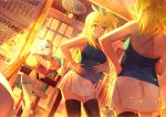  2girls bare_shoulders black_legwear blonde_hair blue_eyes breasts calendar_(object) cherry_in_the_sun cleavage fairy_tail kneehighs lisanna_strauss looking_at_mirror lucy_heartfilia mirror multiple_girls one_eye_closed orange_eyes pregnant sewing shirt short_hair shorts skirt sleeveless smile thighhighs white_legwear zettai_ryouiki 